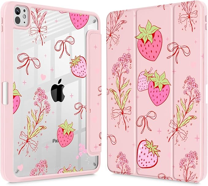 May Chen for iPad Pro 13 Inch Case M5 2025 / M4 2024, Built Pencil Holder & Clear Transparent Print Back Shell Slim Stand Shockproof Tablet Cover, Auto Wake/Sleep, Strawberry Bow