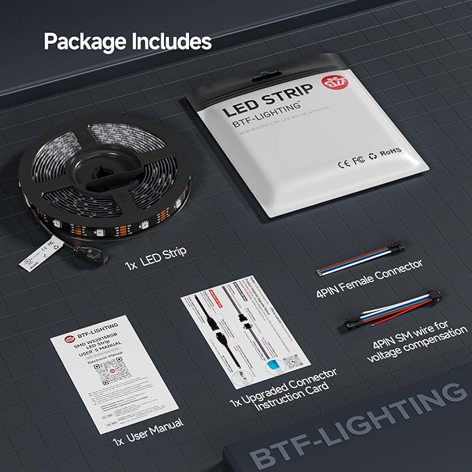 BTF-LIGHTING WS2815 (Upgraded WS2812B) LED Strip Light,UL Listed,16.4FT 150 LED/Pixels,Flexible Chasing RGB,Dual Signal Individually Addressable,5050SMD,3M Tape,DC12V IP30(No Adapter or Controller)