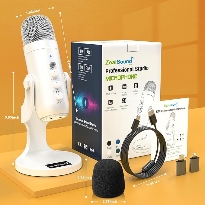 ZealSound Podcast Microphone for iPhone PC & Android, Noise Cancellation Mic with Gain Knob, Volume Adjustment & Mute Button, Monitor & Echo, for ASMR Podcasting Recording YouTube & TikTok - K66 White