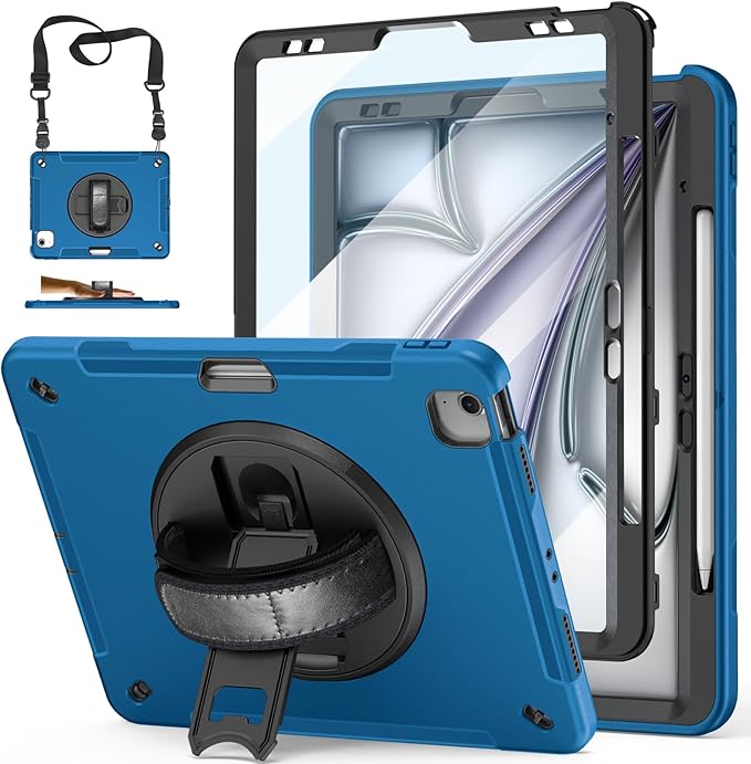 Case for iPad Air 13 Inch M3 2025 & M2 2024: Military Grade Cover for iPad Pro 12.9 6th/5th/4th/3rd Generation W/Screen Protector- Stand- Pencil Holder- Handle- Shoulder Strap- Blue