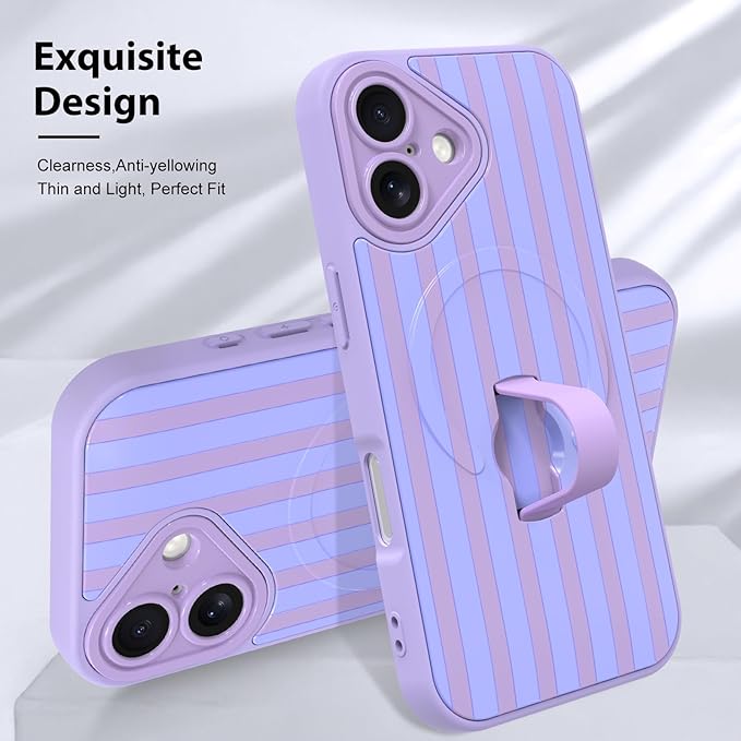 KANGHAR Compatible with iPhone 16 Case, Support for MagSafe, Silicone Stripes Cute Pattern, Wristband Kickstand Camera Protection Soft Slim Cover for Girls Women -Purple