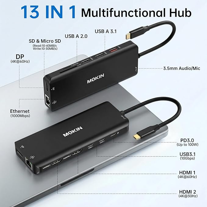 USB C Laptop Docking Station Dual Monitor Dual HDMI 4K DP Triple Display Hub, 13 in 1 MOKiN USB C Hub with 3 Monitors, DisplayPort, USB 3.1, RJ45, 100W PD, Card Reader, Audio/Mic, for Dell HP, Black