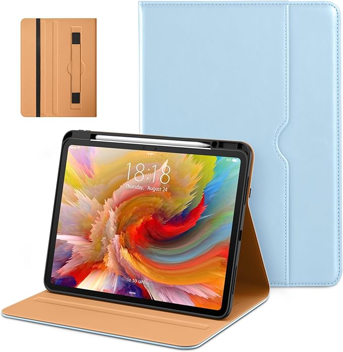 DTTO for iPad Pro 13 inch Case (M5/M4) 2025/2024, Premium Leather Business Folio Stand Cover with Pencil Holder - Auto Wake/Sleep & Multiple Viewing Angles, Built in Hand Strap & Pocket, Ice Blue