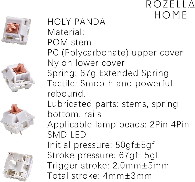 Holy Panda Mechanical Keyboard Switch, 3Pin Pre Lubed, 67g Extended Spring, Enhance Tactile Plate Mounted MX Switch(10 Pack)