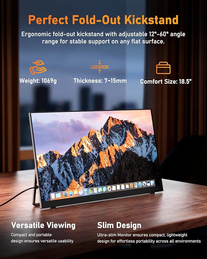 Yodoit Portable Monitor for Laptop 100Hz 18.5" FHD 1080P Screen IPS Display with USB Type C Port and Speakers with Smart Cover Metal Compatible with PC, MacBook, Xbox (Black)