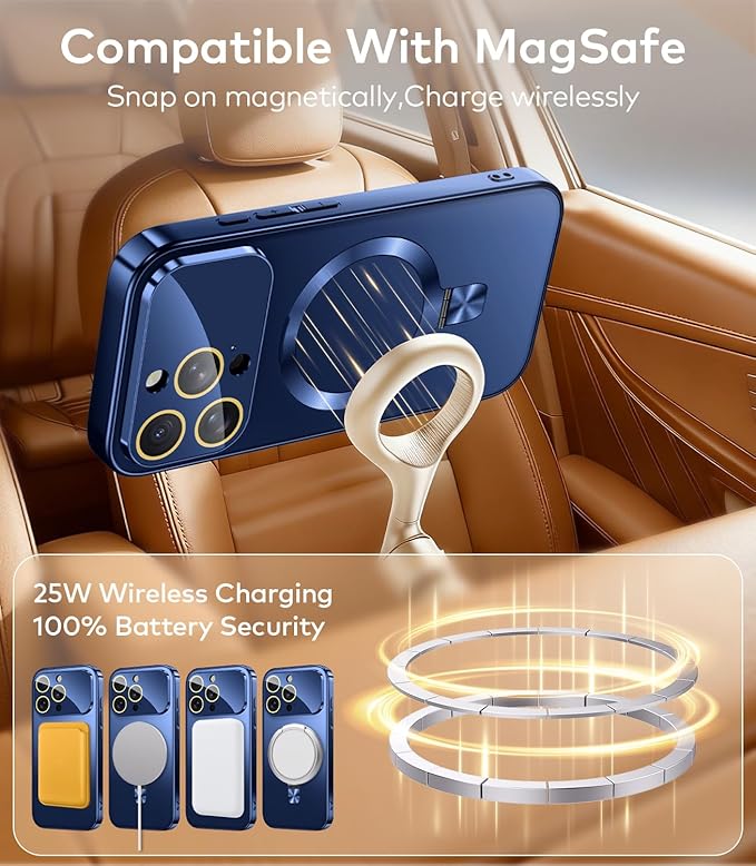 TOBOVON Magnetic for iPhone 16 Pro Max Case with Ring Stand, Fits MagSafe, with Built-in Camera Lens Protector, Slim Electroplated Shockproof Phone Cover, Blue