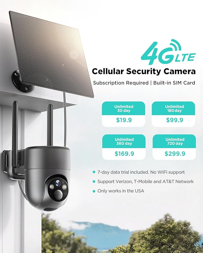 LIWAN 4G LTE Cellular Security Camera, No WiFi Security Camera Wireless Outdoor with SIM Card, Solar Powered, 2K Color Night Vision, 360° View, PIR Sensor, Off Grid Cameras for Farm, Cabin, Job Site