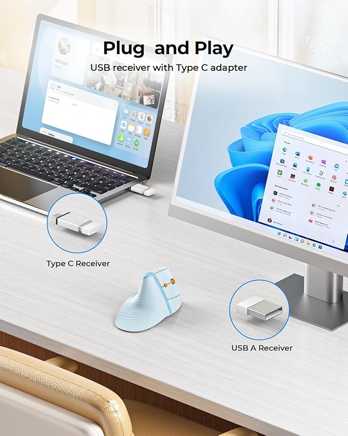 Seenda MOE302 Vertical Ergonomic Mouse with Palm Rest, Rechargeable Wireless Mouse for Wrist Pain Relief, One-Click Desktop Shortcut, Silent Click, 4 DPI, USB & Type-C Receiver, for Laptop & PC (Blue)