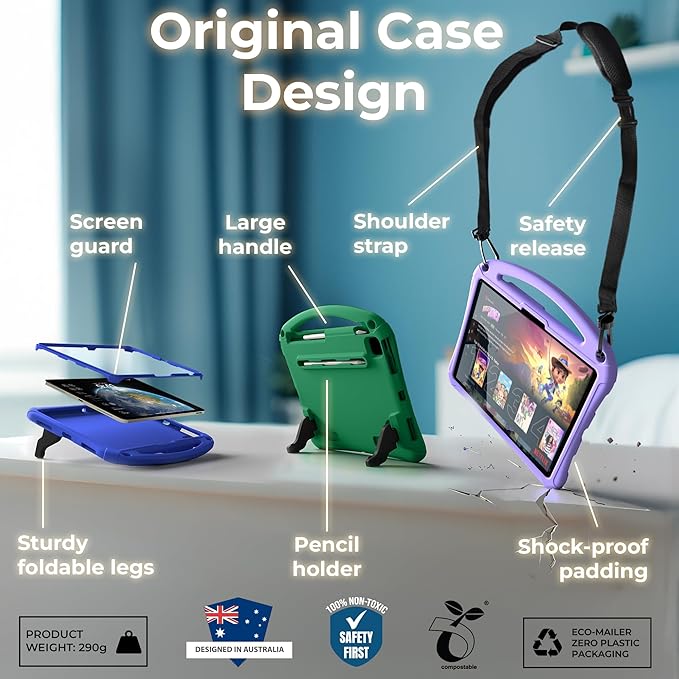 Bam Bino Space Suit, iPad Air 11 Inch Case Kids(M2/M3/M4), iPad Pro 11-inch(M4/M5), iPad A16(11thGen), iPad 10thGeneration, Built-in Screen Protector, Handle, Kick Stand, Shoulder Strap (Cosmic Black)