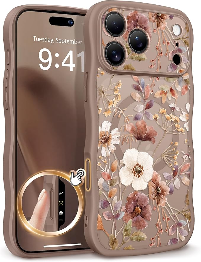 GVIEWIN for iPhone 17 Pro Max Case Compatible with MagSafe [Curly Wave Edge][Full Camera Protection] Floral Translucent Shockproof Magnetic Women Phone Case for 17 Pro Max, Corn Poppy/Brown