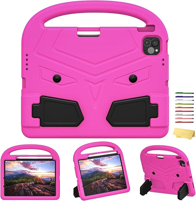Kids Case for Apple iPad Pro 11 inch M5/M4 Tablet (2025/2024) with Pencil Holder/Handle/Kickstand Slim Lightweight Cute Soft EVA Foam Shockproof Stand Cover for Boys Girls Teens, Pink Bird