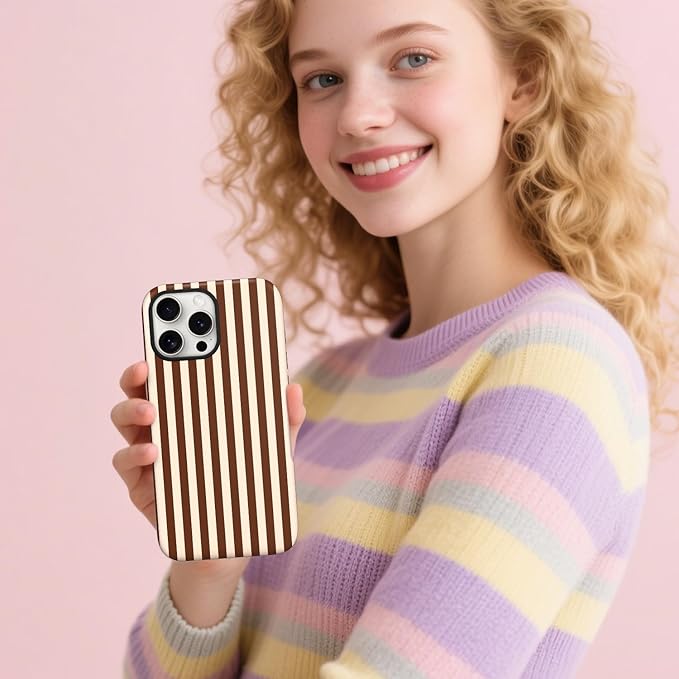Magnetic for iPhone 13/14 Case Cute Stripes Phone Case, Shockproof Slim TPU and Hard PC Protective Phone Cover Compatible with MagSafe Designed for Women Girls, Brown