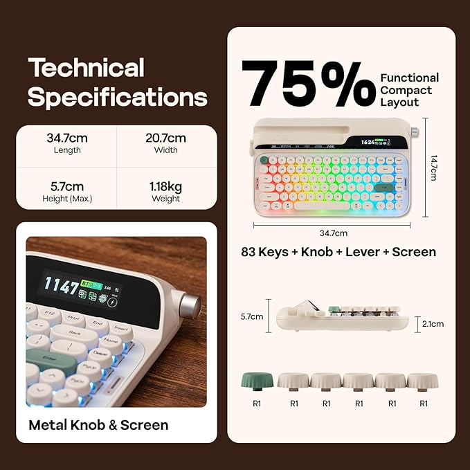 EPOMAKER Glyph Wireless Typewriter Retro Mechanical Keyboard, Screen & Knob & Lever, Wrist Rest, Round PBT Keycap, Hot Swap, RGB, Custom Software, Top-Mount, 75% Creamy Keyboard for PC/MAC