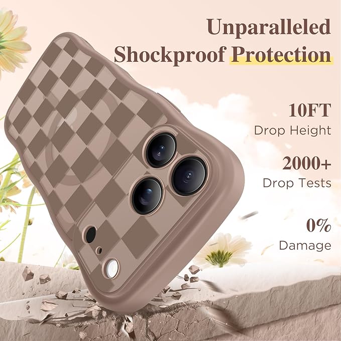 GVIEWIN for iPhone 17 Pro Case Compatible with MagSafe [Curly Wave Edge][Full Camera Protection] Floral Translucent Shockproof Magnetic Women Phone Case for iPhone 17 Pro 6.3'', Grids/Brown