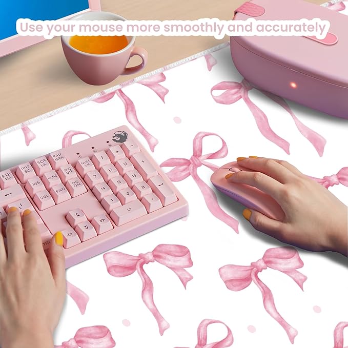White Mouse Pad with Pink Bows, Cute Desk Mat Pink Keyboard Mat for Computer Laptop Non-Slip Rubber Base, Large Office Mat Girly Desktop Accessories School Office Supplies for Girls Women 23.6 x 11.8