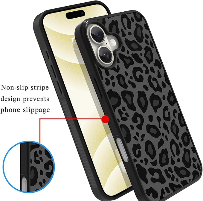 KANGHAR Case Compatible with iPhone 16,Black Leopard Design,Tire Texture Non-Slip +Shockproof Rugged TPU Protective Case for iPhone 16 6.1 Inch