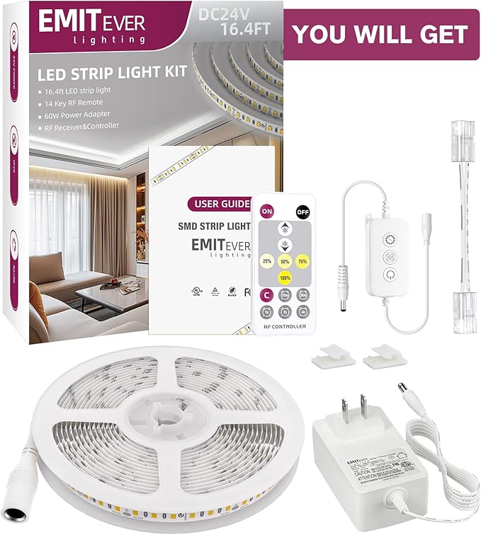 EMITEVER LED Strip Lights Kit Neutral White with Remote & 24V Power Supply,16.4ft Dimmable Tape Light 4000K, High Density 600LEDs, 240+LM/FT, CRI95+, Suitable for Bedroom Kitchen Cabinet Lighting
