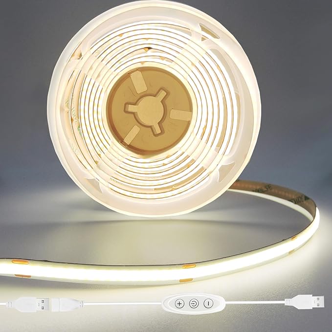 COB LED Strip Lights Natural White 4000K CRI 92+ Even Lighting Short 5V Dimmable Flexible Cuttable 6ft with Dimmer Switch for Desk Cabinet Home Office DIY Project Decoration