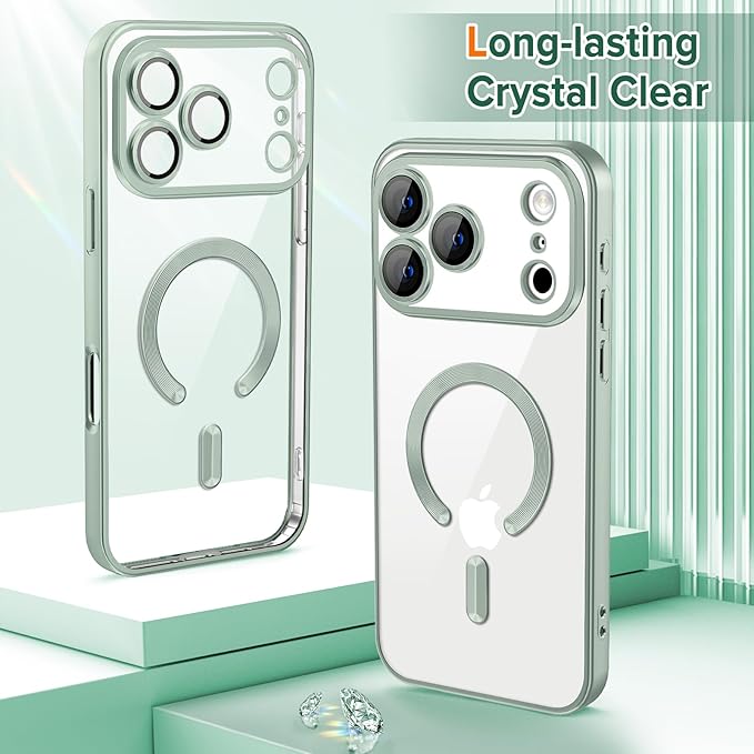 Hython Magnetic Clear for iPhone 17 Pro Case with Camera Lens Protector [Compatible with MagSafe] Luxury Plating Edge Slim Soft TPU Cover Protective Phone Case for iPhone 17 Pro 6.3", Matte Mint