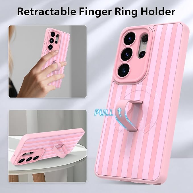 KANGHAR Compatible with Samsung Galaxy S26 Ultra Case, Support for MagSafe, Silicone Stripes Cute Pattern, Wristband Kickstand Camera Protection Soft Slim Cover for Girls Women -Pink