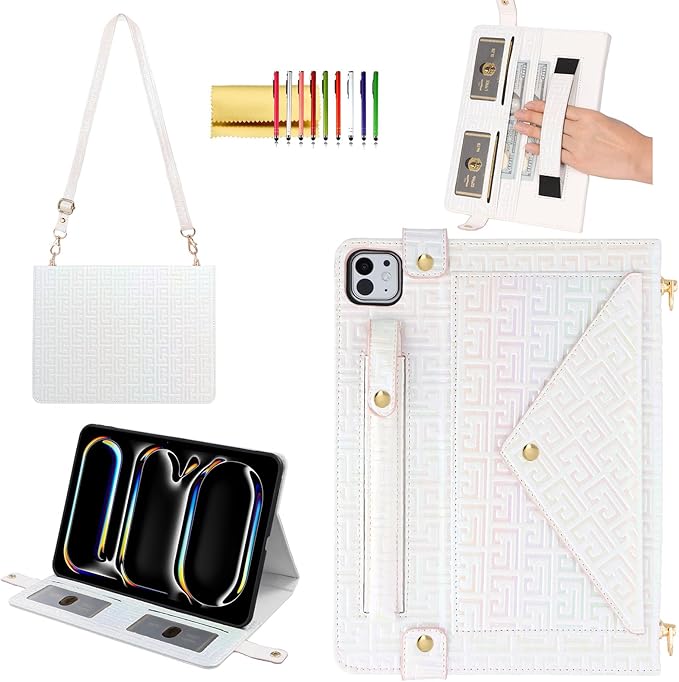 Shiny Case for iPad Pro 13" M5 M4 (2025/2024) Handbag Case, Techcircle Iridescent PU Leather Folio Envelope Pocket Stand Cover with Hand Strap+Shoulder Strap+Pencil Holder+Card Slots, Shiny White