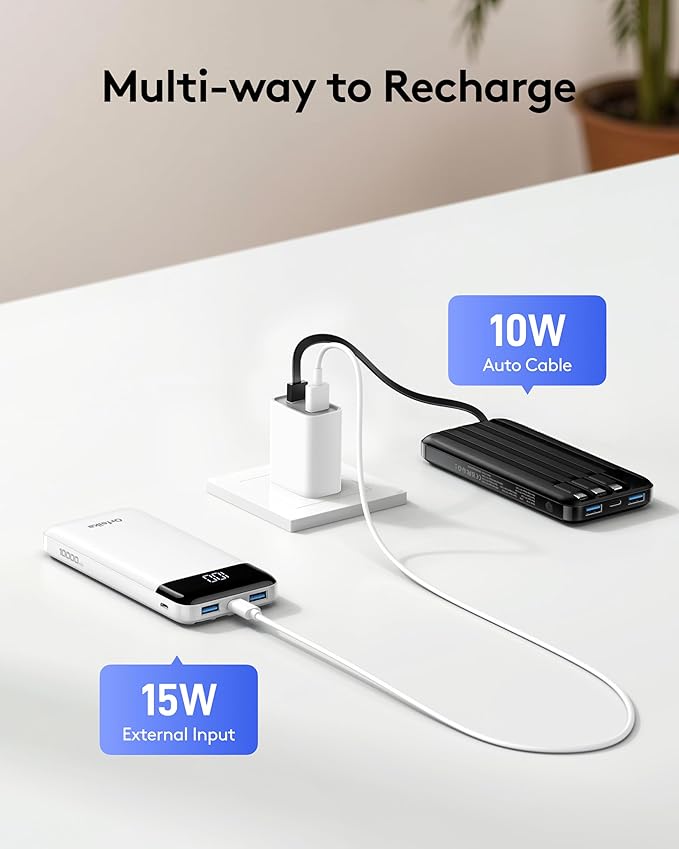 Orfeika Portable Phone Charger, 10000mAh Portable Charger Power Bank with Built-in Cables, Travel Essential Battery Pack Compatible with iPhone, Samsung, Google, iPads, Tablets, etc