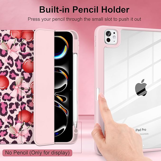 Case for iPad Pro 13 inch (M5) 2025 (M4) 2024 Release with Pencil Holder - Aesthetic Cute Design Trifold Cover with Soft TPU Bumper Clear Back Auto Sleep/Wake for Girls Women, Leopard Print