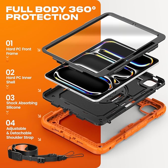 SEYMAC stock Case for iPad Pro 11-inch M5-M4 2025-2024, Shockproof Heavy Duty Case with Screen Protector, Pencil Holder, Rotating Stand, Hand Strap, Shoulder Strap, Orange