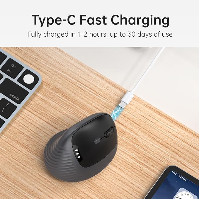 PYP Ergonomic Vertical Wireless Mouse, Bluetooth 5.2/5.0 & 2.4G Tri-Mode, Type-C Rechargeable with Power Display, 6-Level Adjustable 8,000 DPI, Lightweight Quiet Click for Laptop Mac - Matte Black