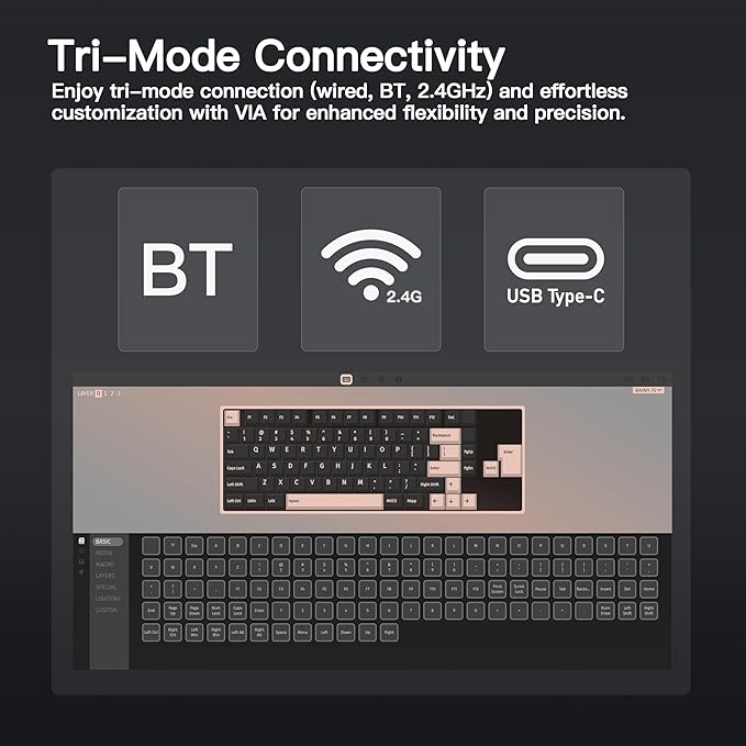 KEEBMONKEY WOBKEY Rainy 75 CNC Aluminum HMX/JWK/Cocoa Switches Triple-Mode Connectivity Mechanical Keyboard with Superior Acoustics, RGB/PP/Gradient Glass/3500mAh/Violet Switch (Standard - Black)