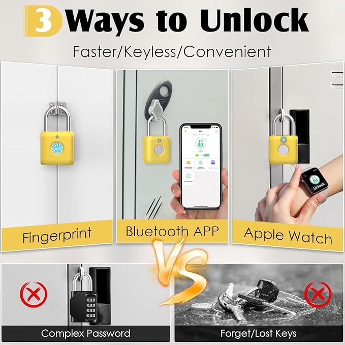 Fingerprint Padlock,Smart Padlock APP Control,Fingerprint Locker Lock,Gym Lock USB Rechargeable for Gym Locker,Locker, School,Storage Yellow
