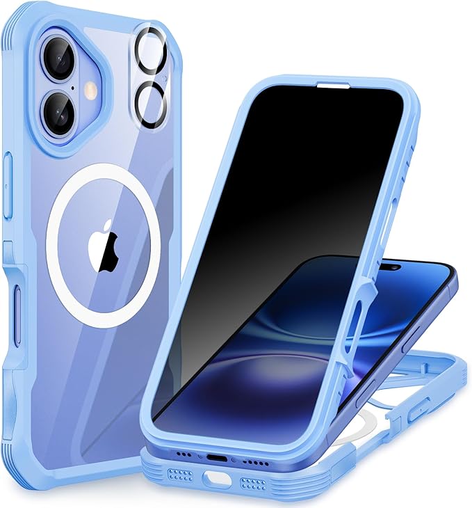 CENHUFO Magnetic Privacy for iPhone 16 Case [Compatible with Magsafe] Full Body Phone Case Built-in 9H Tempered Glass Privacy Screen Protector and Camera Lens Cover, Shockproof Bumper Clear - Blue