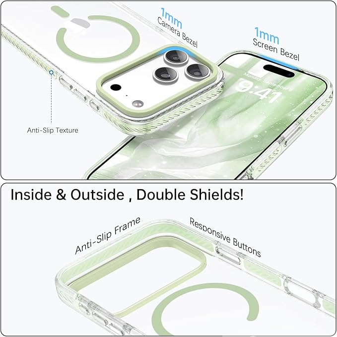 BENTOBEN Magnetic for iPhone 17 Pro Case 6.3", Compatible with Magsafe Military Shockproof Protective Bumper Cute Transparent Slim Anti-Yellowing Phone Case for iPhone 17 Pro Cover, Clear Light Green