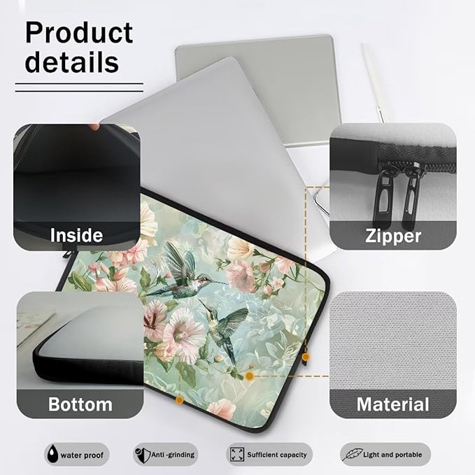 Hummingbird Flower Computer Sleeve for Women Laptop Sleeve 10 inch Neoprene Lap Top Case with Padded Compartment Computer Carrying Case Laptop Sleeve Bag, 240703BZ1403004