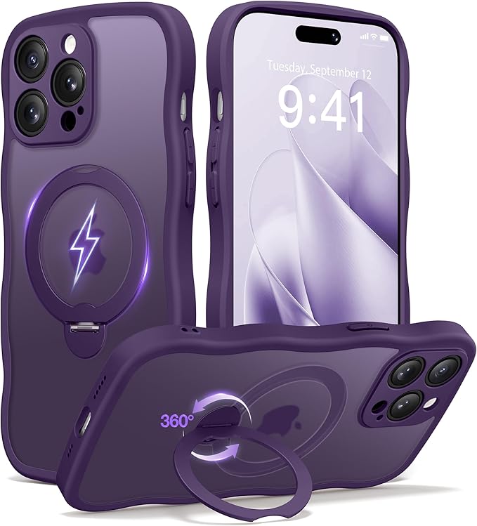 CAPRARO for iPhone 14 Pro Max Case with 360° Spin Magnetic Stand for Women, [Compatible with MagSafe] [Full Camera Protection] Cute Wave Translucent Matte Case for iPhone 14 Pro Max, Deep Purple