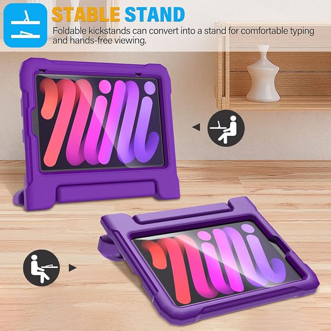 SUPLIK Kids Case for iPad mini 7 (A17 Pro) 2024 & Mini 6 2021, iPad mini 6th/7th Generation Case with Screen Protector, Durable Shockproof Handle Stand Cover for 8.3-inch iPad mini 6/7 Gen, Purple