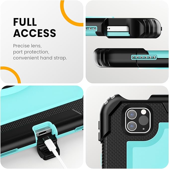 Timecity Case for iPad Pro 11 inch 2022/2021 (4th/ 3rd Generation), Shockproof with Screen Protector, Swivel Stand, Handle, Shoulder Strap, Pencil Holder Case for iPad Pro 11 Inch- Light Blue