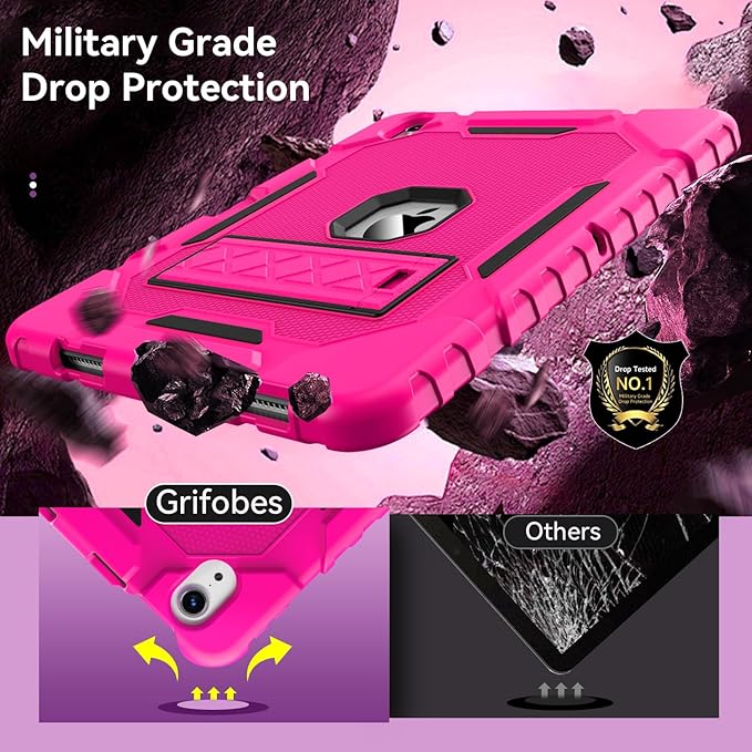 Grifobes Case for iPad Air 11-inch (M4/M3/M2) 2026/2025/2024, for iPad Air 5th/4th Generation 2022/2020 10.9", Heavy Duty Rugged Cover with Stand/Pencil Holder for i Pad Air 5 4 Gen(Hot Pink)