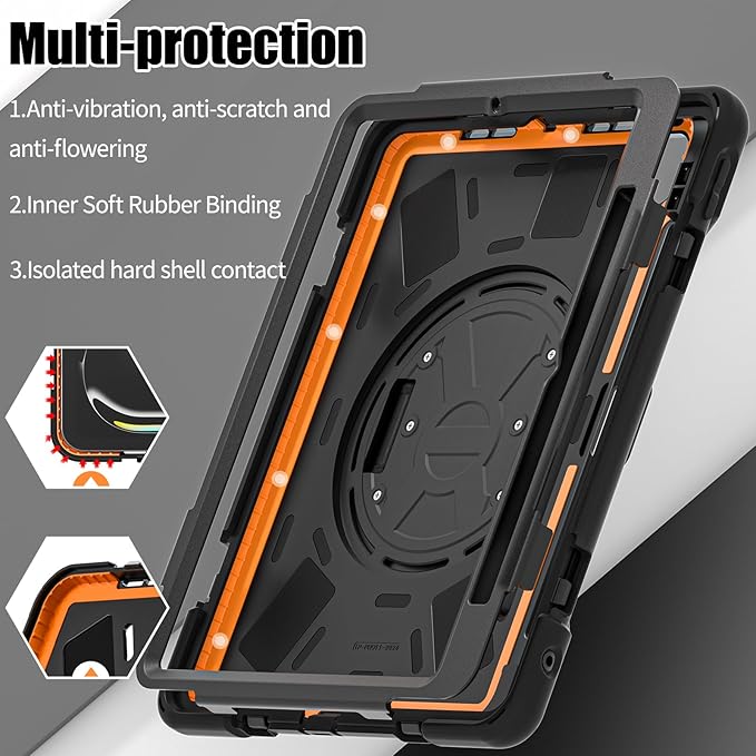 Batianda Case for New iPad Pro 11-inch 2025 M5 2024 M4 Chip Heavy Duty Rugged Durability Silicone Tablet Cover with 360° Rotating Hand Strap Foldable Hidden Stand & Shoulder Strap, Black