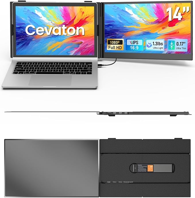 Cevaton Laptop Screen Extender, 14.1" Ultra-Slim & Lightweight Portable Monitor for 13"-17" Laptops, 1080P FHD Dual Monitor, One Cable Connection, Compatible with Wins/Mac/Android/Linux/Chrome