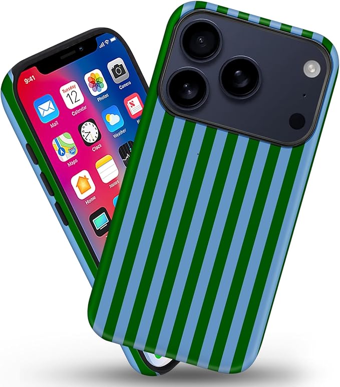 Magnetic for iPhone 17 Pro Max Case Cute Stripes Phone Case, Shockproof Slim TPU and Hard PC Protective Phone Cover Compatible with MagSafe Designed for Women Girls, Green and Blue