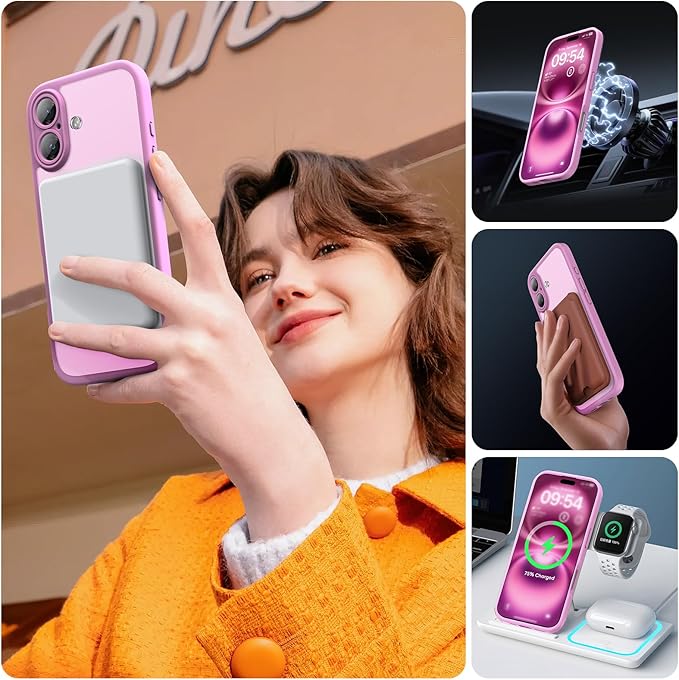 TOCOL Magnetic for iPhone 16 Case, Upgraded Full Camera Protection, Compatible with Magsafe, Drop Protection, Translucent Matte Back Bumper Phone Cover 6.1-Inch (Peony)