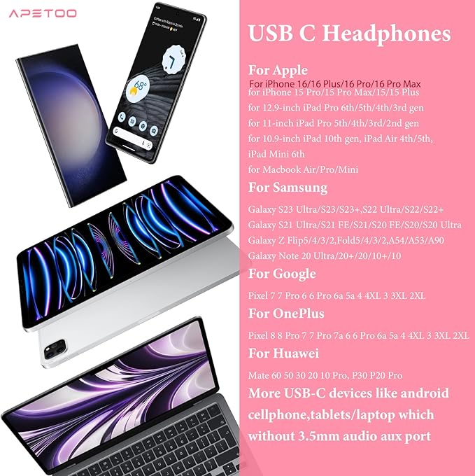 APETOO USB C Headphones for iPhone 15 Plus 16 17 Pro Max iPad Pro USB-C Wired Earbuds with Microphone Volume Control HiFi Stereo Type C Earphones for Galaxy S26 S25/S24/S23/S22, Pixel 10 9 8 7 6, Pink