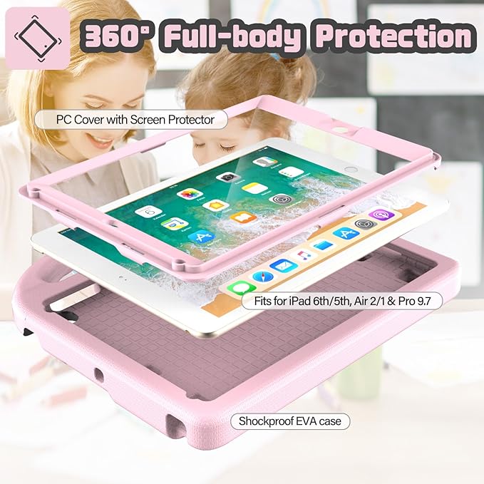 YIHE Shockproof Kids Case for iPad 6th/5th Generation (9.7 inch, 2018/2017), iPad Air 2/1 & Pro 9.7 | Durable Protective Cover with Built-in Screen Protector & Stable Stand, Light Pink