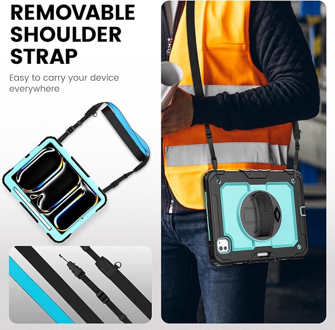 timecity Case for iPad Pro 11 Inch M5 2025 / M4 2024, 360° Rotating Stand, Pencil Holder & Wireless Charging, Shockproof with Screen Protector & Shoulder Strap -for Designers & Professionals,Blue