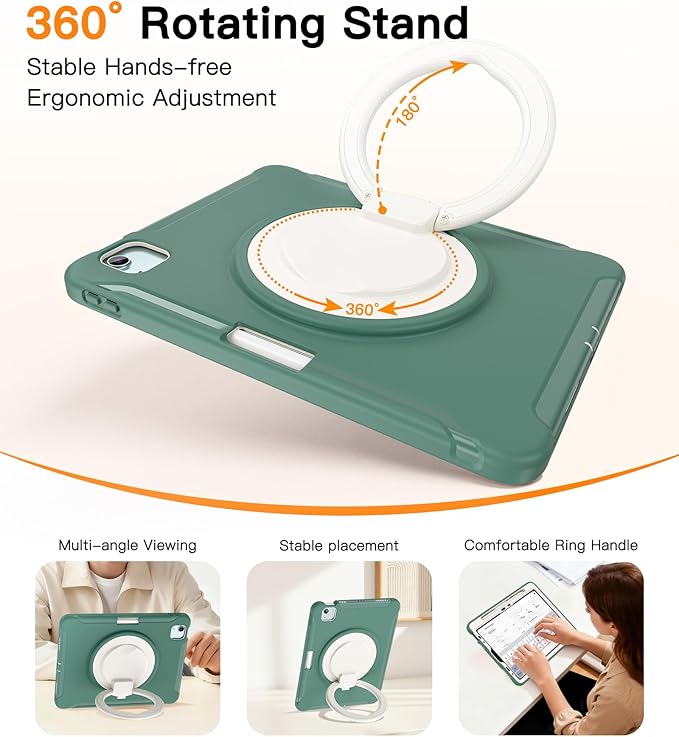 BATYUE Shockproof Case for iPad Air 11" M2/M3/M4, Air 4/5 10.9", iPad Pro 11" 1st-4th Gen 2018-2022 | 360° Multi-Angle Stand (Portrait & Landscape) & Grip, Built-in Pencil Holder, Jade Green