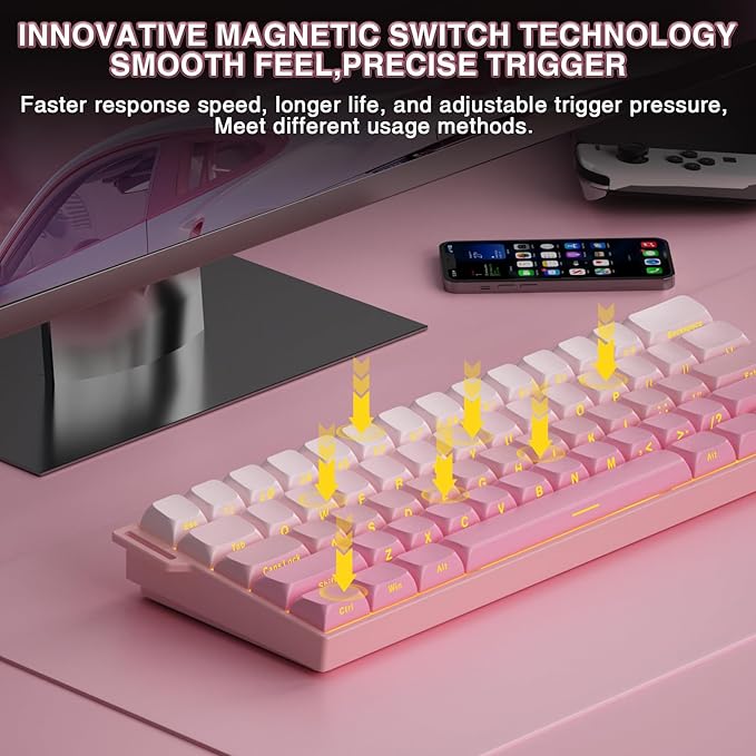 Aula MINI60 HE PRO Wireless Gaming Keyboard 60%,Hall Effect Rapid Trigger Magnetic Keyboard,8000Hz Polling,Tri-Mode(BT5.0/2.4GHz/USB-C),RGB Hot Swappable Compact Pink Mechanical Keyboard for Gamer