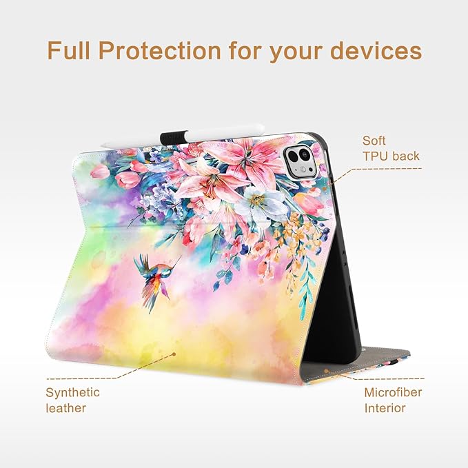 Vimorco for iPad Pro 13 Inch Case M5/M4 2025/2024, Flower for iPad 13 Pro Case M5/M4 for Girls Women, Pu Leather Protective Adjustable Stand, Hand Strap, Pocket, Pencil Holder, Hummingbirds & Flowers