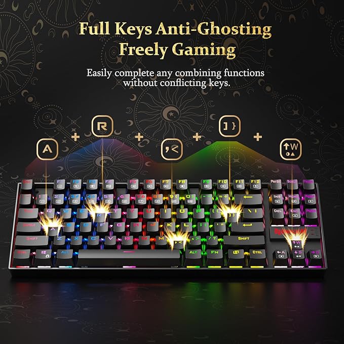 Redragon K552P Mechanical Gaming Keyboard TKL with 18 Backlight Modes, Hot-Swappable Red Switches, 87-Key Compact Ergonomic Design, N-Key Rollover & Software Programmable Macro - RGB, Black
