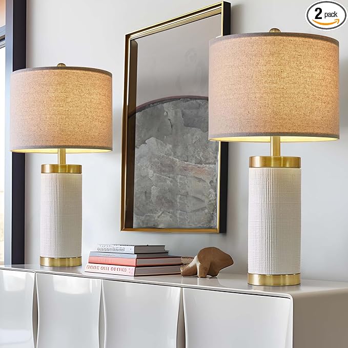 USumkky 24.5" Modern Ceramic White Bedside Lamp for Bedroom Decor Farmhouse Table Lamp for Living Room Office Dorm